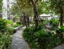 Lush green outdoor communal space with walking path in a residential property