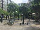 Outdoor fitness area and garden in a residential complex
