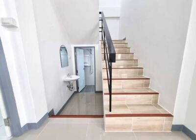 Modern staircase with wooden steps leading to the upper floor alongside a small bathroom