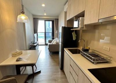 Compact kitchen leading to a cozy living room with modern furnishings