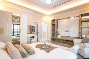 Elegant and luxurious living room interior with marble accents and plush furnishings