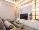 Elegantly designed living room with modern furniture and decorative lighting