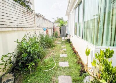 Small garden pathway beside a house with green plants and a hose