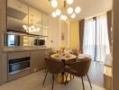 Modern kitchen with dining area, featuring brown tones and contemporary lighting