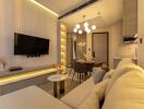 Modern living room interior with comfortable sofa and wall-mounted TV