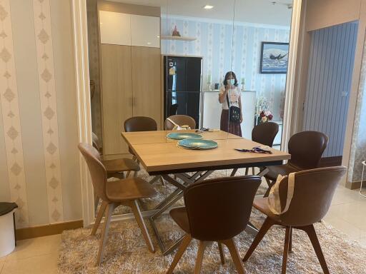 Modern dining room with table set and decorative elements