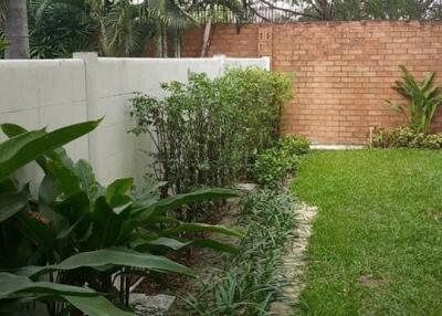 Lush backyard garden with a variety of plants and a brick wall