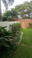 Lush backyard garden with a variety of plants and a brick wall