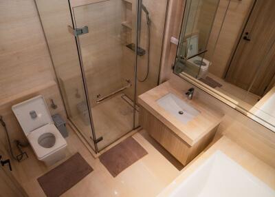 Modern bathroom interior with glass shower and wooden finishes