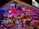 Vibrant themed restaurant interior with diners and eclectic decor