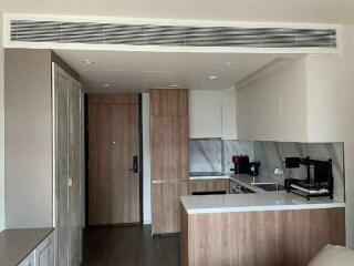 Modern kitchen with wooden cabinets and integrated appliances