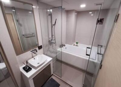 Modern bathroom with glass shower and bathtub