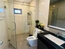 Modern bathroom with glass shower enclosure, toilet and vanity