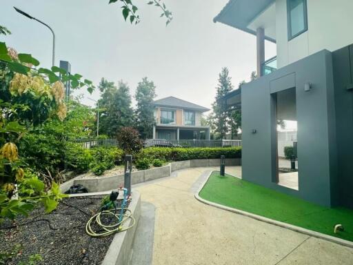 Modern house exterior with landscaped garden and driveway
