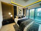 Modern bedroom with large bed and stylish interior design