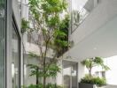 Modern building facade with an integrated green space and glass elements