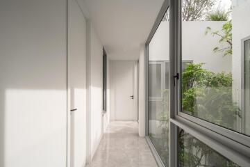Modern hallway with abundant natural light and garden view