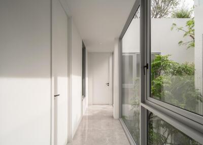 Modern hallway with abundant natural light and garden view