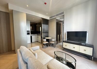 Modern living room interior with open kitchen design