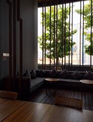 Contemporary living room with large windows and dark wood tones