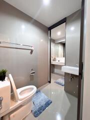 Modern bathroom with walk-in shower and vanity