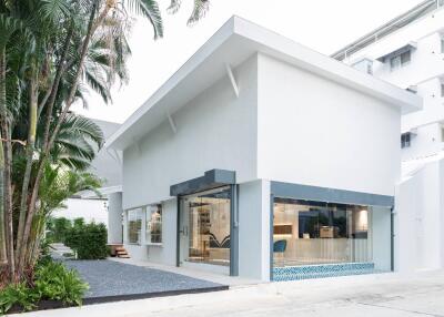 Modern white building with large windows and tropical landscaping