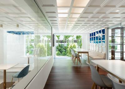 Modern open-plan office space with large windows and ample natural light