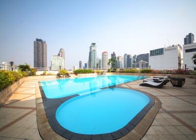 Spacious outdoor swimming pool with city skyline view and lounge chairs