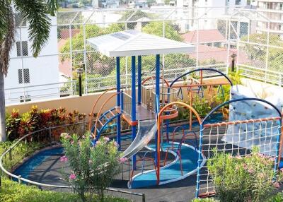 Residential building playground with modern equipment
