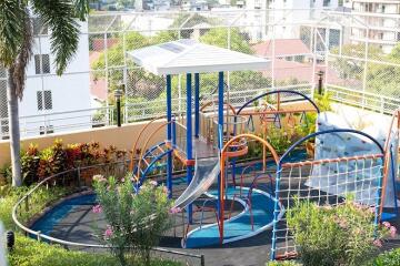 Residential building playground with modern equipment