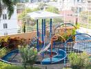 Residential building playground with modern equipment