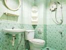 Compact bathroom with green tile flooring and walls, equipped with modern amenities