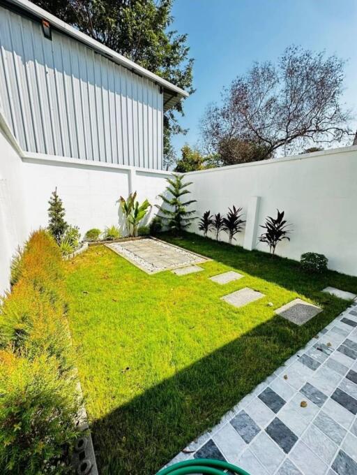 Modern backyard with landscaped garden and tiled path