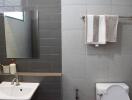 Modern bathroom with gray tiles, large mirror, and white fixtures