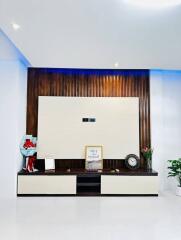 Modern lobby interior with wooden accents and reception desk