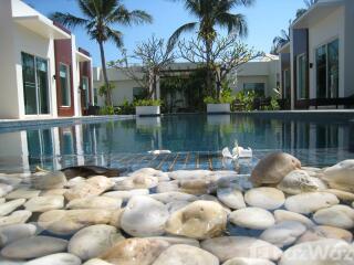 Luxurious backyard with a swimming pool and modern villas under clear blue skies