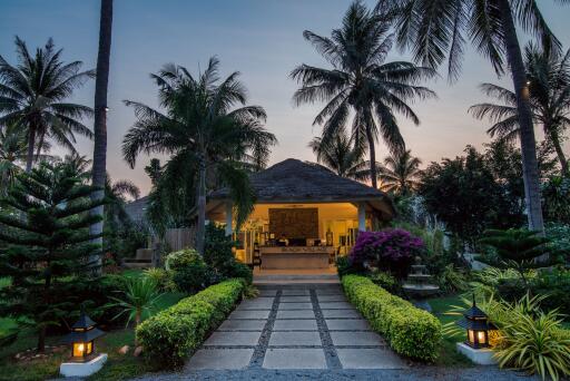 Tropical villa exterior at twilight with palm trees and pathway