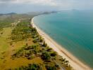 Aerial view of a coastal area with beach, ocean, and greenery