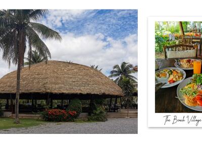 Outdoor dining space at tropical resort with thatched roof pavilion and lush greenery