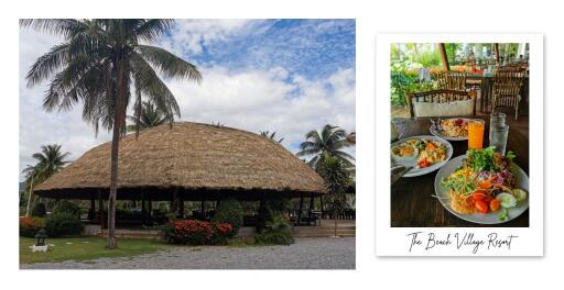 Outdoor dining space at tropical resort with thatched roof pavilion and lush greenery