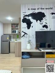 Modern living room with kitchenette and world map wall decor