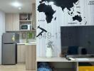 Modern living room with kitchenette and world map wall decor