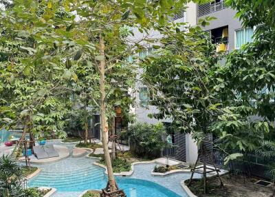 Lush outdoor swimming pool area with greenery in a residential complex