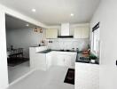 Modern kitchen with white cabinetry and stainless steel appliances