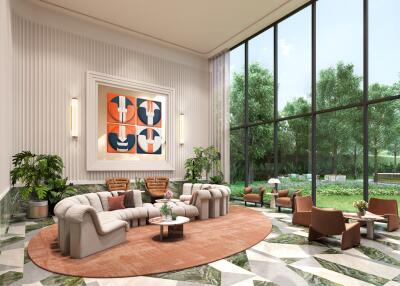 Spacious and elegantly designed living room with large windows and garden view