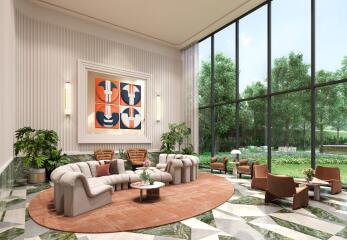 Spacious and elegantly designed living room with large windows and garden view