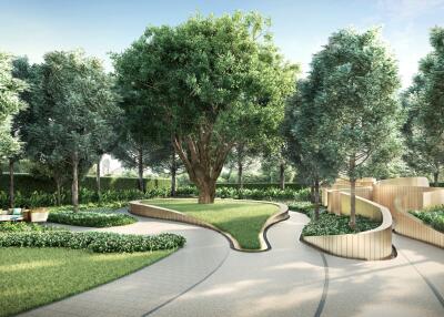 Serene garden walkway with lush greenery and modern landscaping