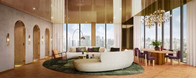 Elegant spacious living room with modern decor and city view
