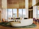 Elegant and spacious living room with modern furnishings and cityscape view