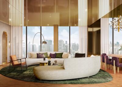Elegant and spacious living room with modern furnishings and cityscape view